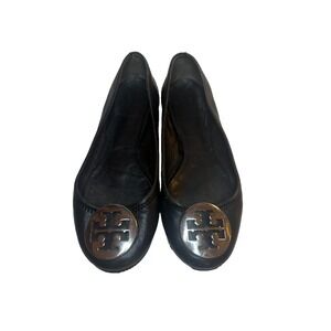 Tory Burch Reva Black Leather Ballet Flats Silver Logo